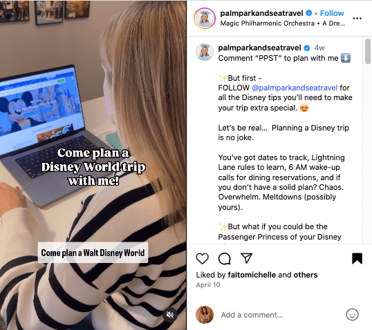 Instagram post example for travel agents showing how to share behind the scenes of booking a trip.