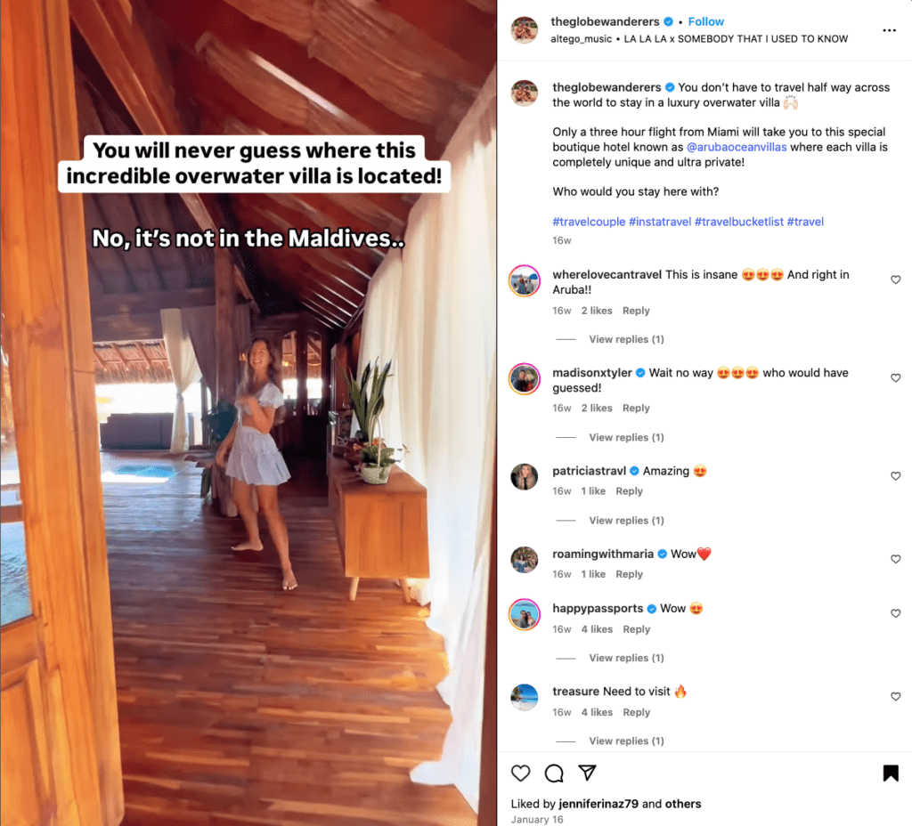 Instagram Reel example for Travel Agencies to show what to post. Sharing tips and destination information in a new way.