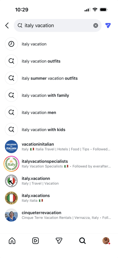 Instagram SEO keyword search example for travel agents. Sharing bio tips for travel agents.