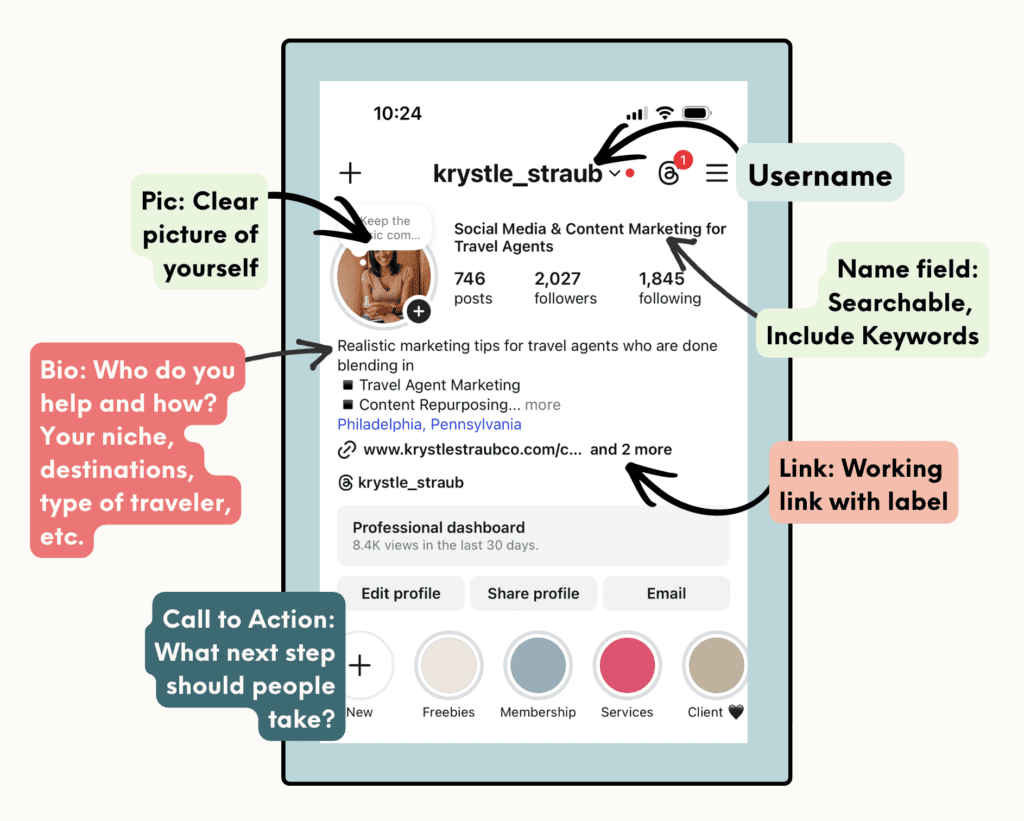Krystle Straub's Instagram Profile as an example of Instagram bio tips for travel agents.